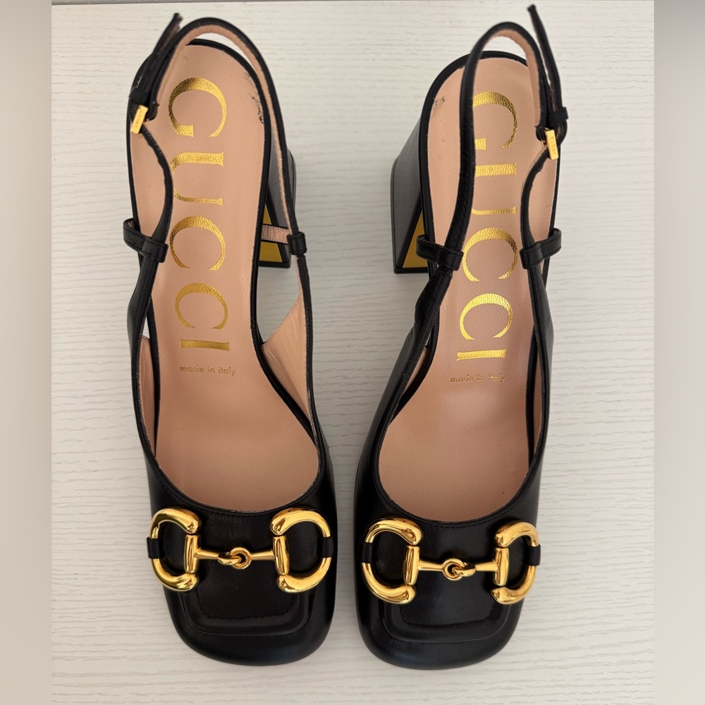 GUCCI Baby Horsebit Slingback Leather Pump Black Gold EU 36 Authentic Shoes - Picture 2 of 11